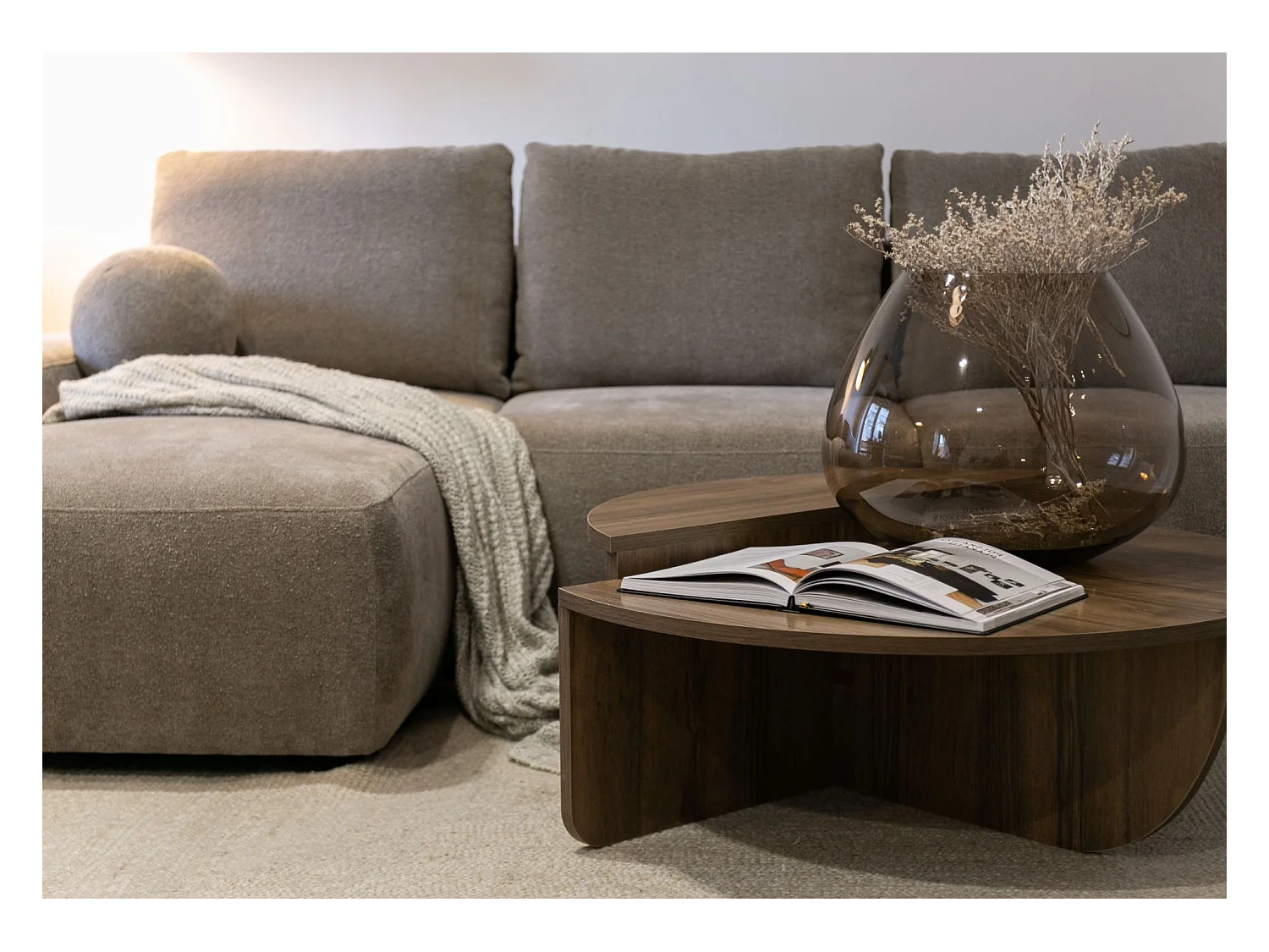 Hoekbank met slaapbank - lichtbruin chenille - linkerzijde - CARNOS