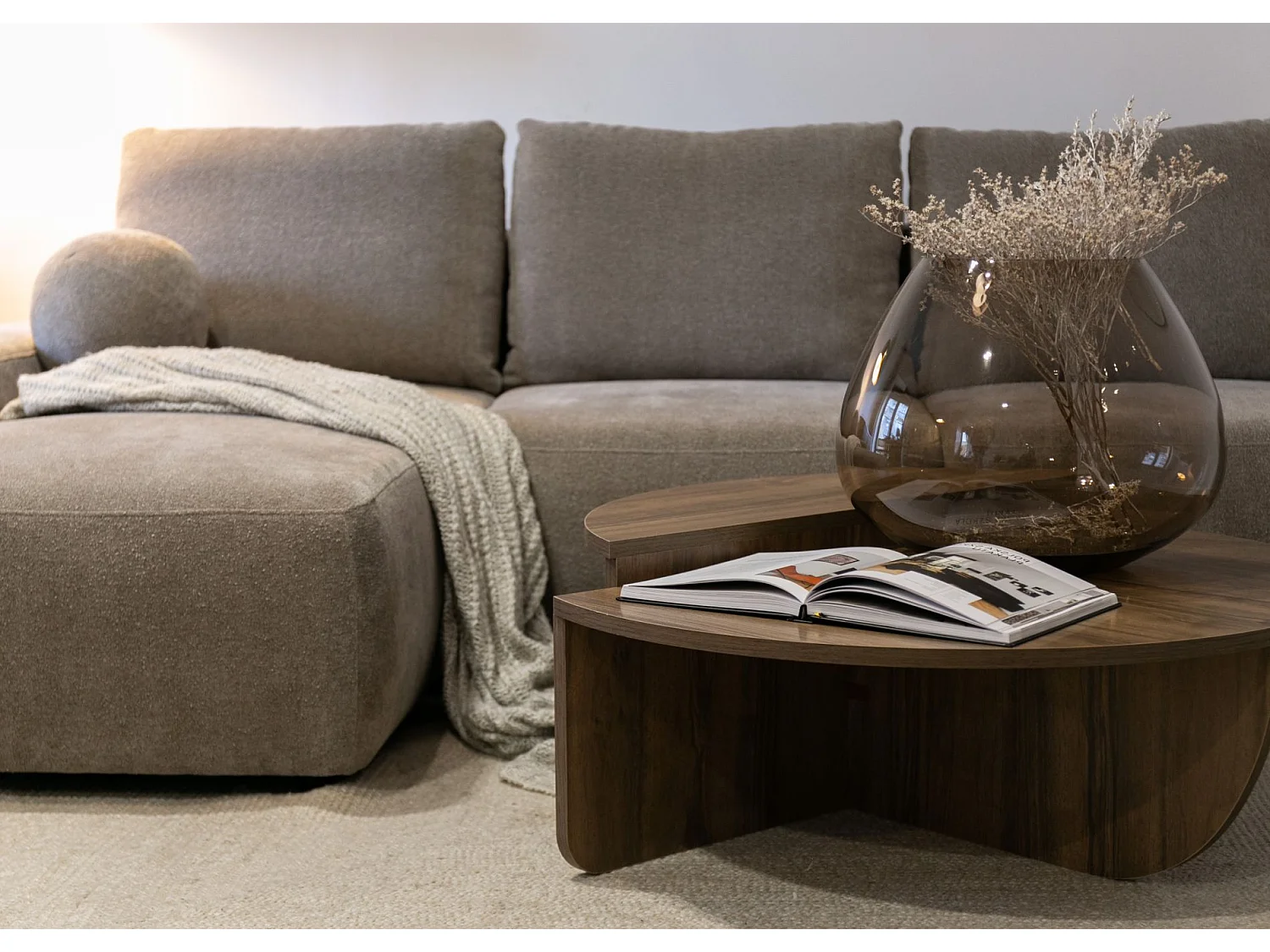 Canapé d'angle convertible - brun clair chenille - côté gauche - CARNOS