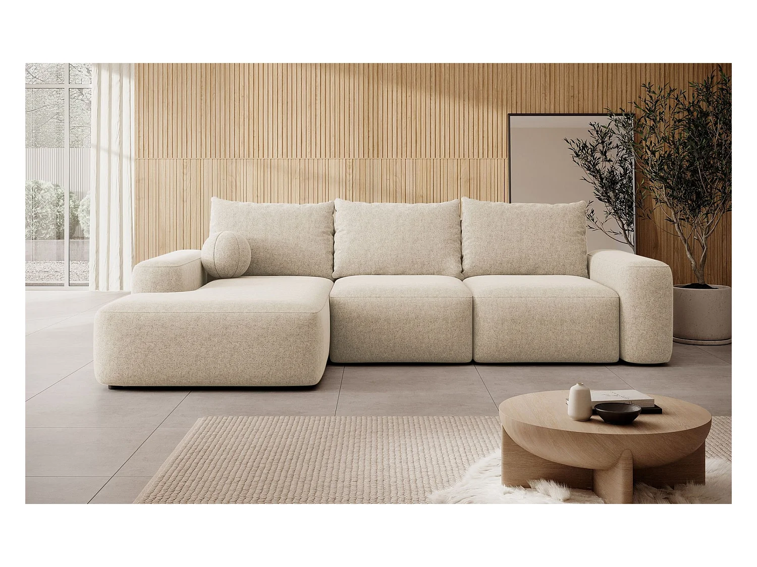 Canapé d'angle convertible - beige chenille - côté gauche - CARNOS