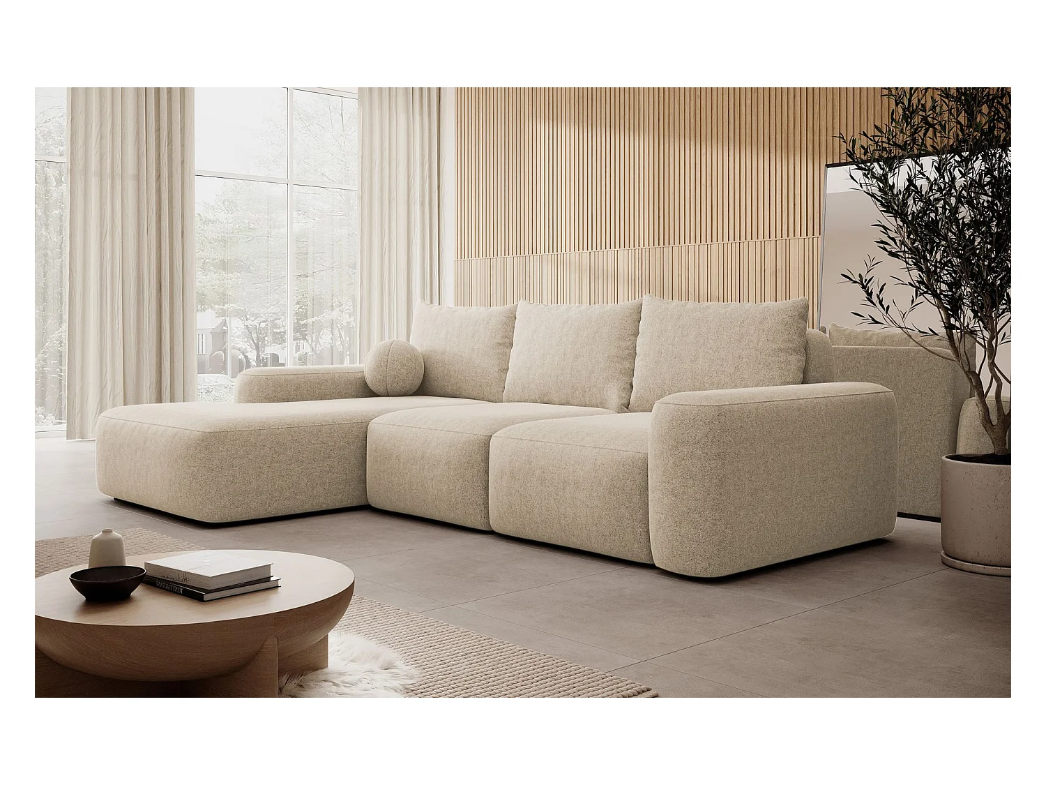 Canapé d'angle convertible - beige chenille - côté gauche - CARNOS