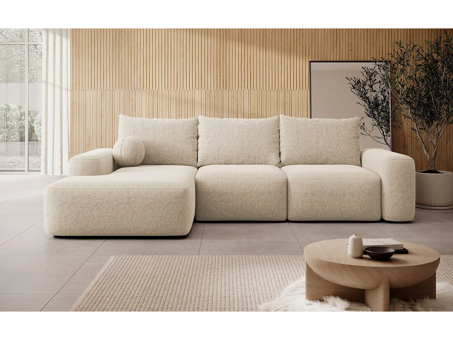 Canapé d'angle convertible - beige chenille - côté gauche - CARNOS