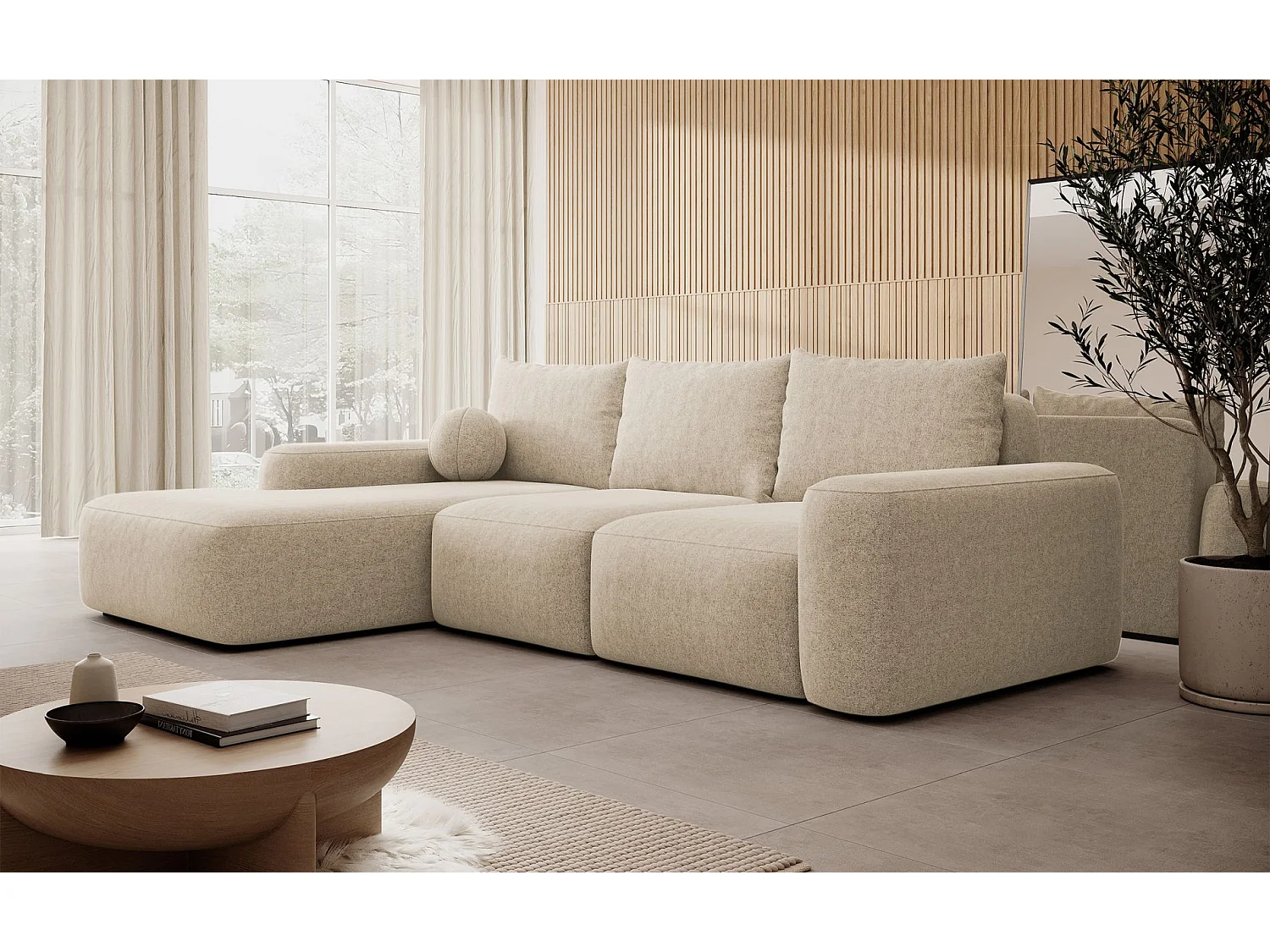 Canapé d'angle convertible - beige chenille - côté gauche - CARNOS
