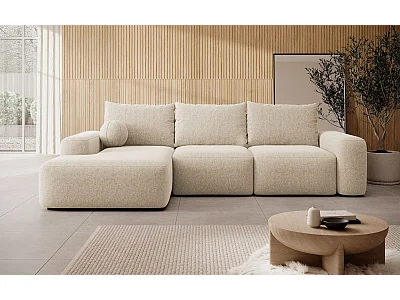 Canapé d'angle gauche convertible 4 places en tissu chenille beige CARNOS