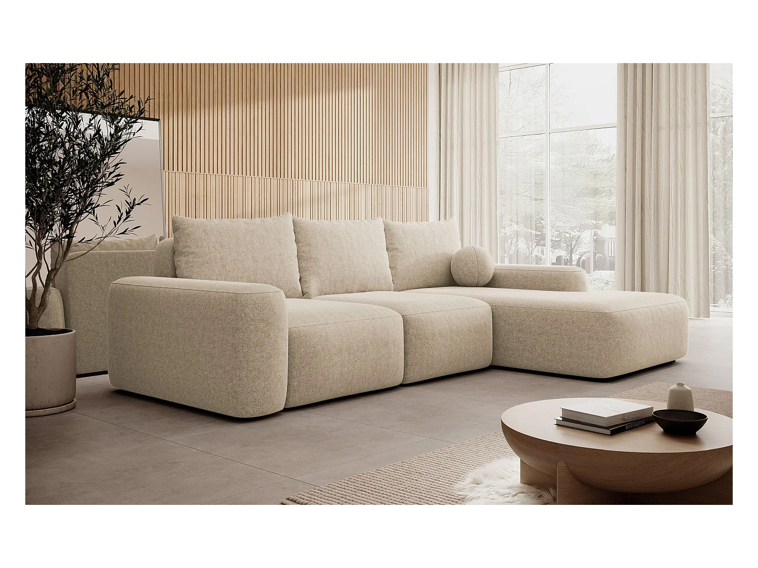 Canapé d'angle convertible - crème chenille - côté droit - CARNOS