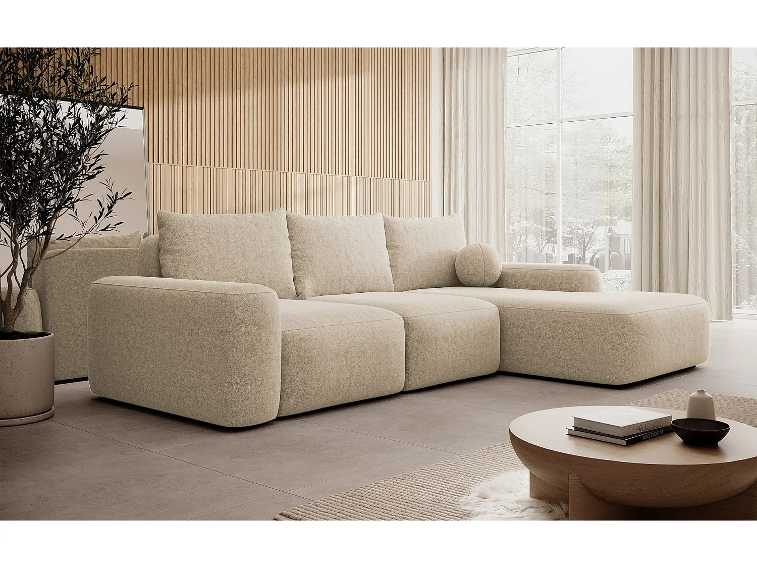 Canapé d'angle convertible - crème chenille - côté droit - CARNOS