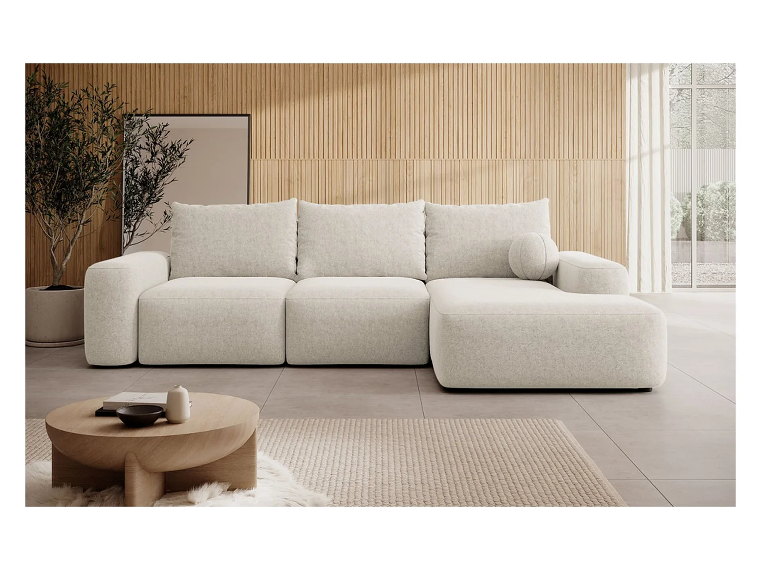 Canapé d'angle convertible - crème chenille - côté droit - CARNOS