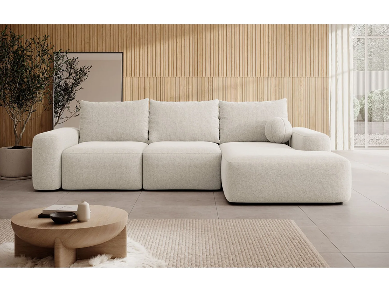 Canapé d'angle convertible - crème chenille - côté droit - CARNOS