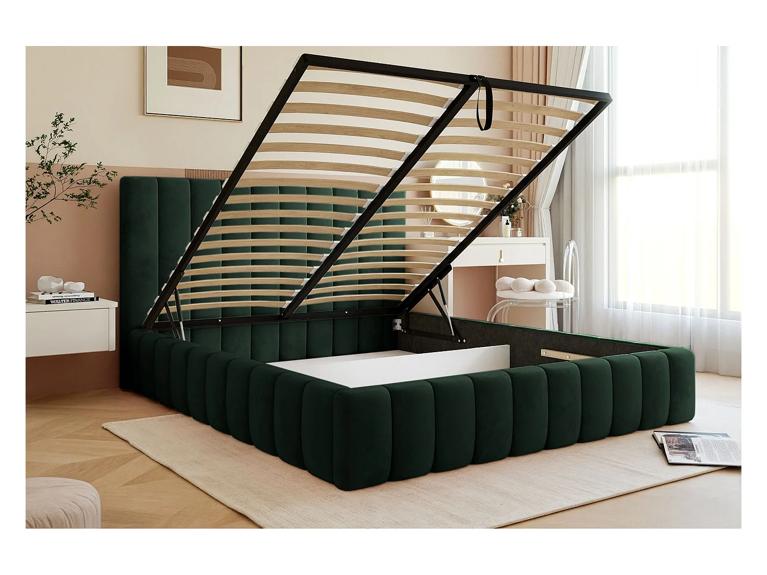 Lit coffre - 180x200 cm - en tissu velours vert foncé - FIARRO