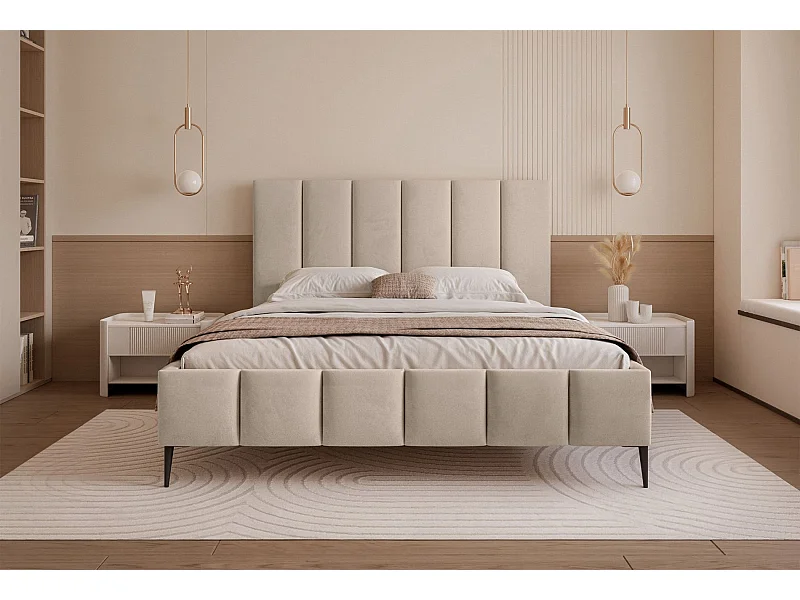 Opbergbed met poten - 180x200 cm - in beige fluwelen stof - SARAFINO