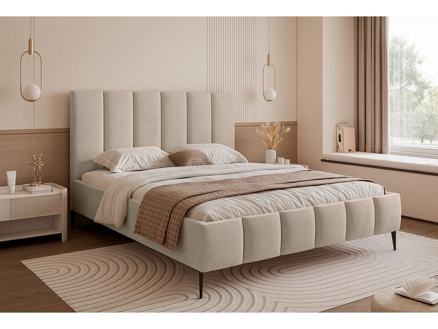 Lit coffre avec pieds - 180x200 cm - en tissu velours beige - SARAFINO