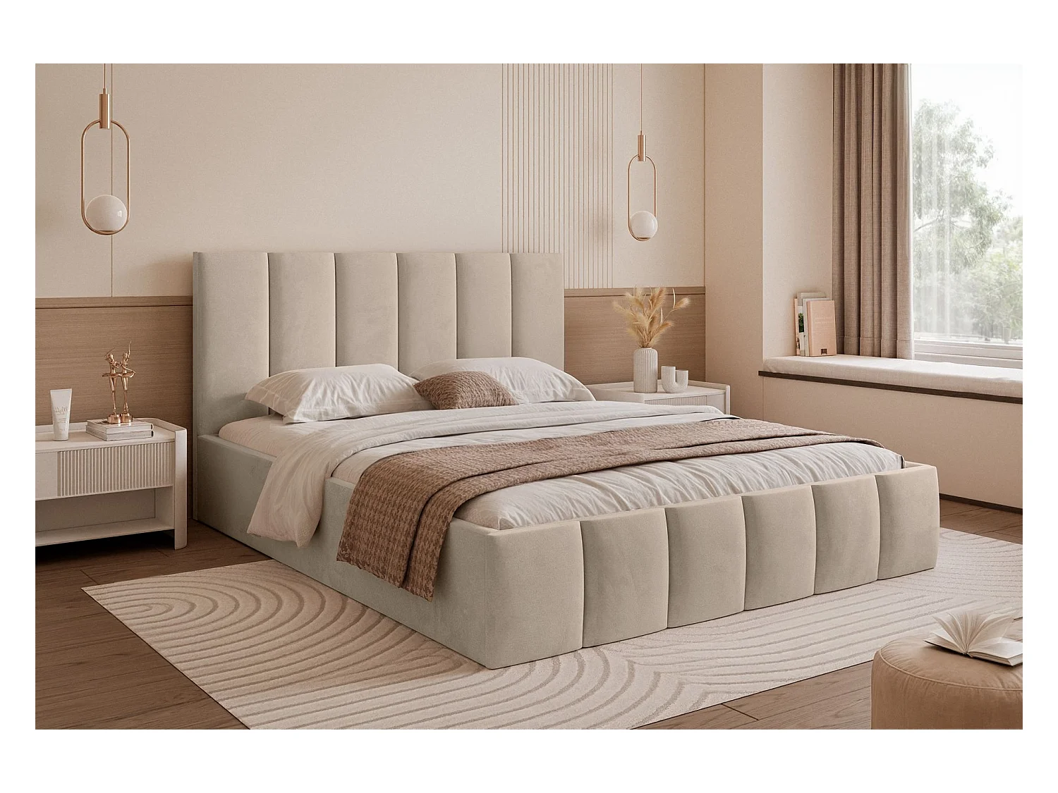 Opbergbed - 180x200 cm - in beige fluwelen stof - SARAFINO