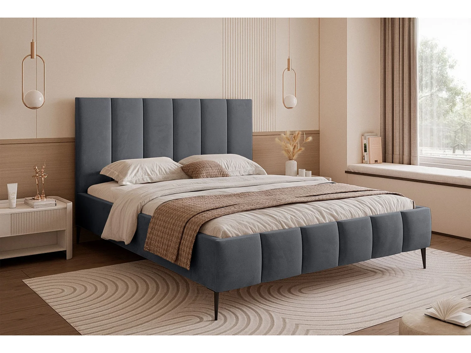 Lit coffre avec pieds - 160x200 cm - en tissu velours gris foncé - SARAFINO