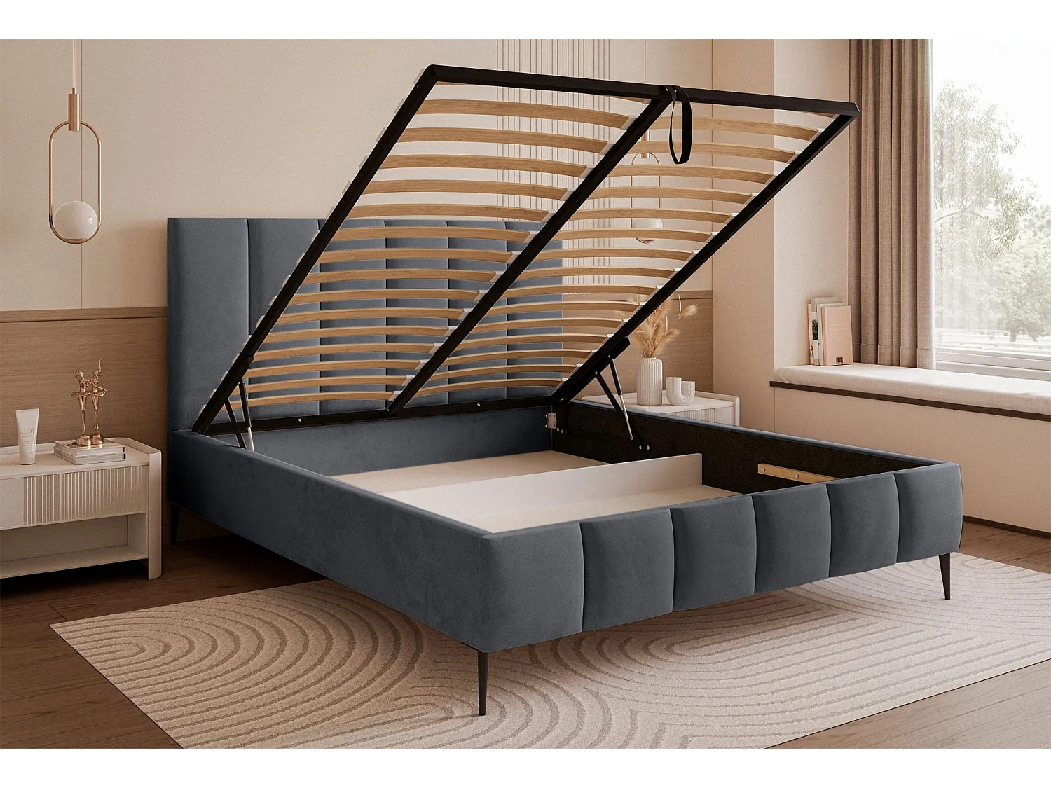 Lit coffre avec pieds - 160x200 cm - en tissu velours gris foncé - SARAFINO