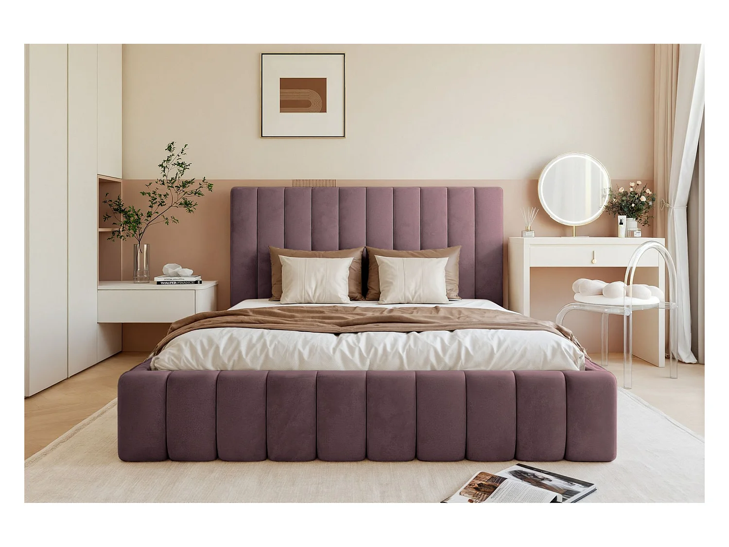 Lit coffre - 160x200 cm - en tissu velours violet - FIARRO