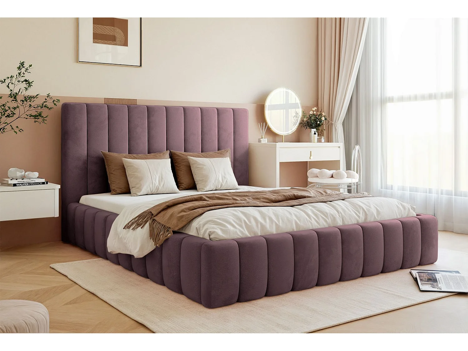 Lit coffre - 160x200 cm - en tissu velours violet - FIARRO