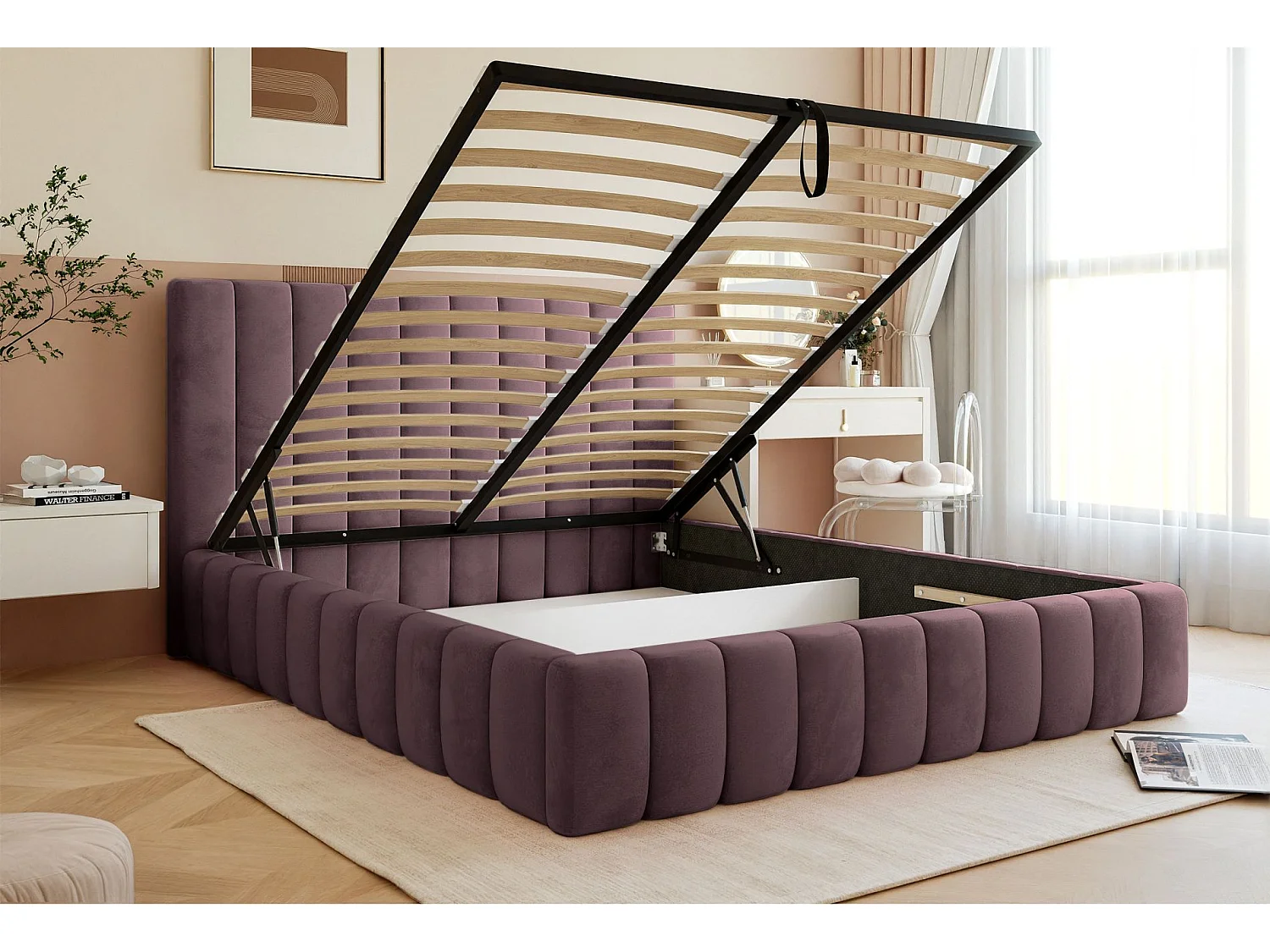 Lit coffre - 160x200 cm - en tissu velours violet - FIARRO