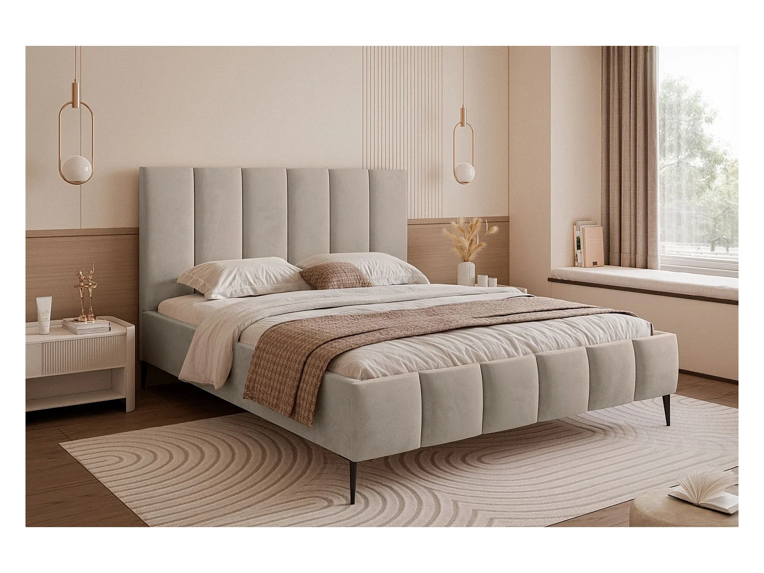 Lit coffre avec pieds - 140x200 cm - en tissu velours gris beige - SARAFINO