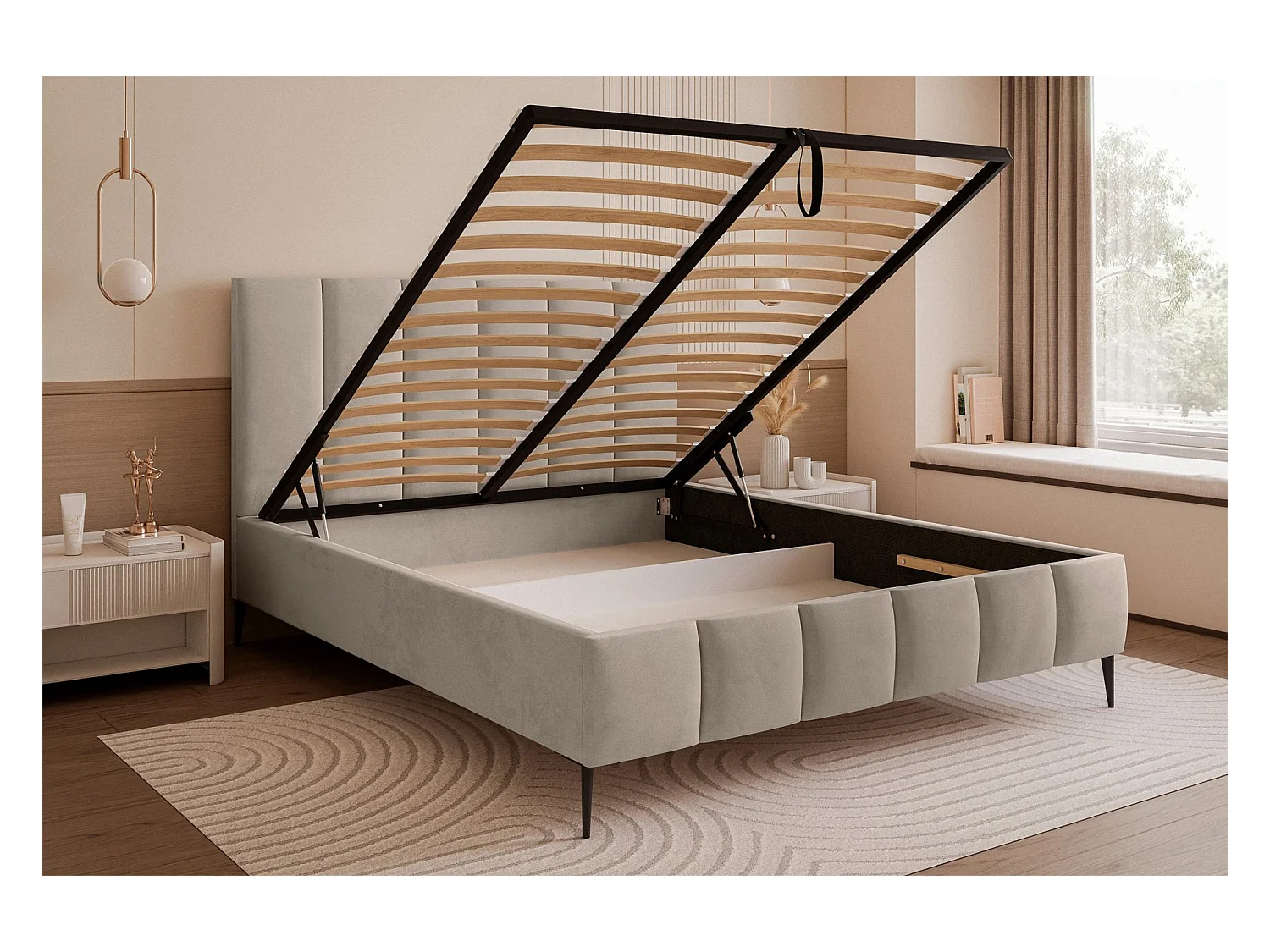 Lit coffre avec pieds - 140x200 cm - en tissu velours gris beige - SARAFINO