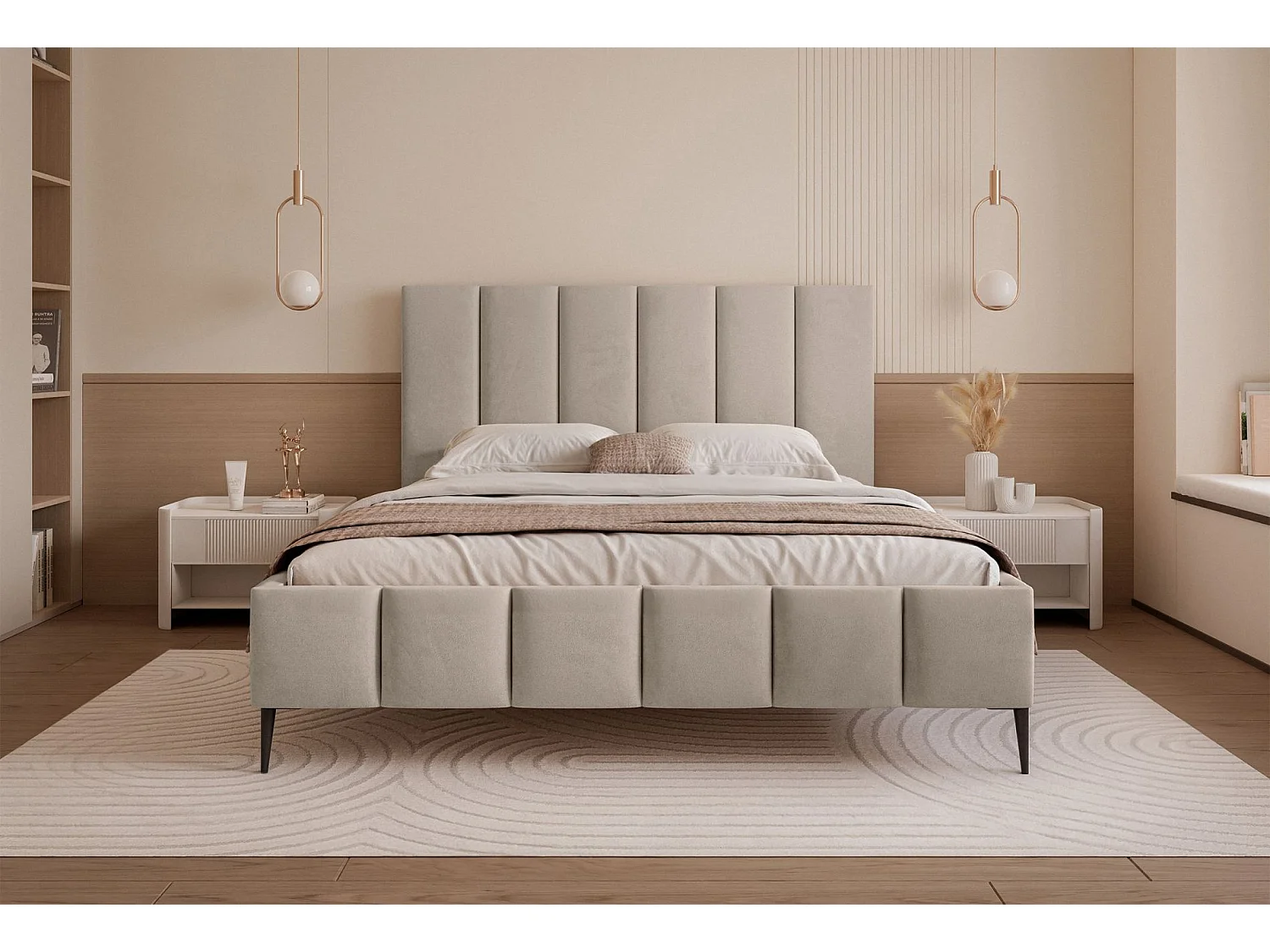 Lit coffre avec pieds - 140x200 cm - en tissu velours gris beige - SARAFINO