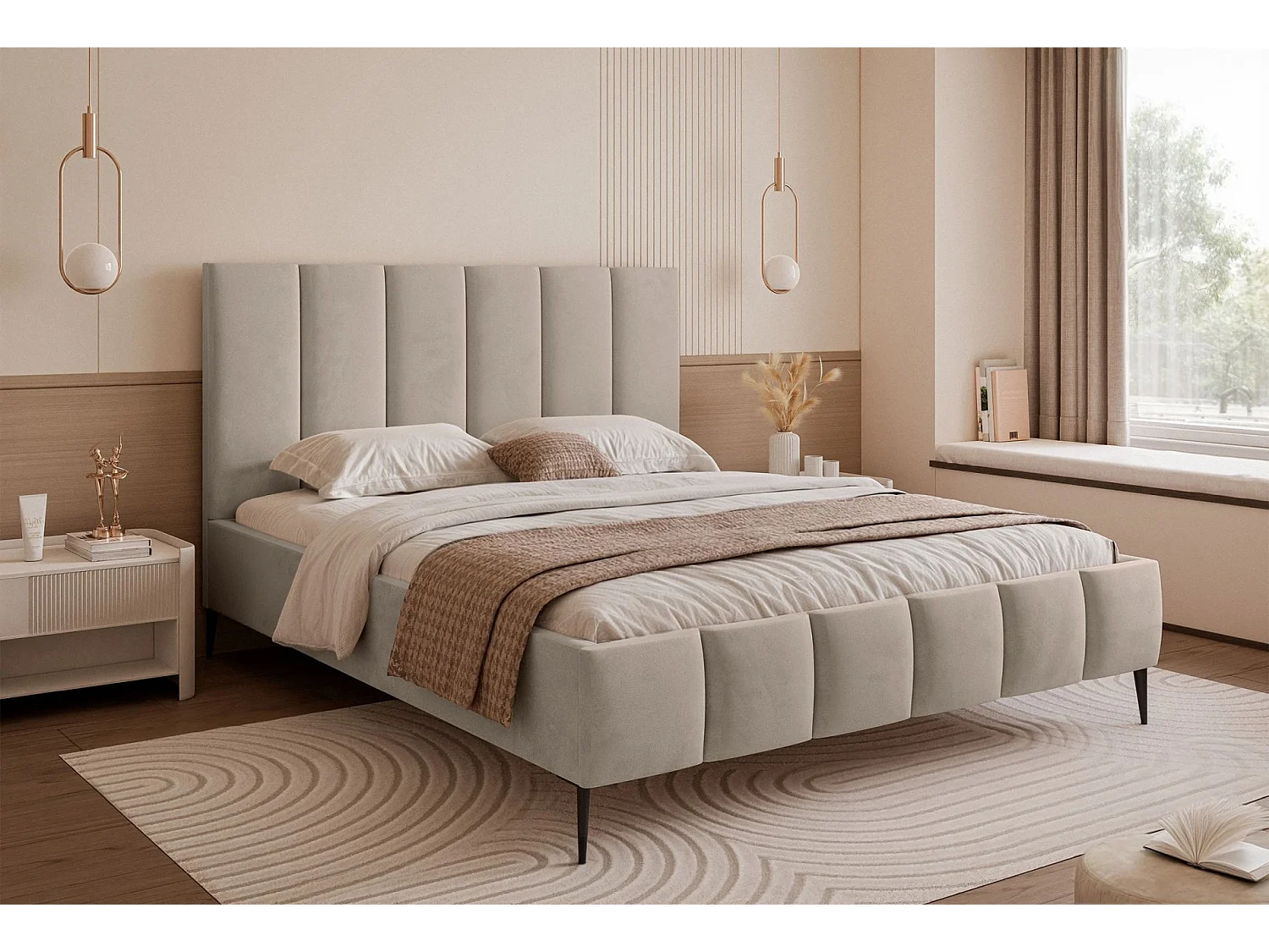 Lit coffre avec pieds - 140x200 cm - en tissu velours gris beige - SARAFINO