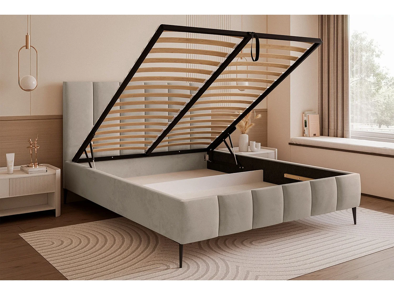 Lit coffre avec pieds - 140x200 cm - en tissu velours gris beige - SARAFINO