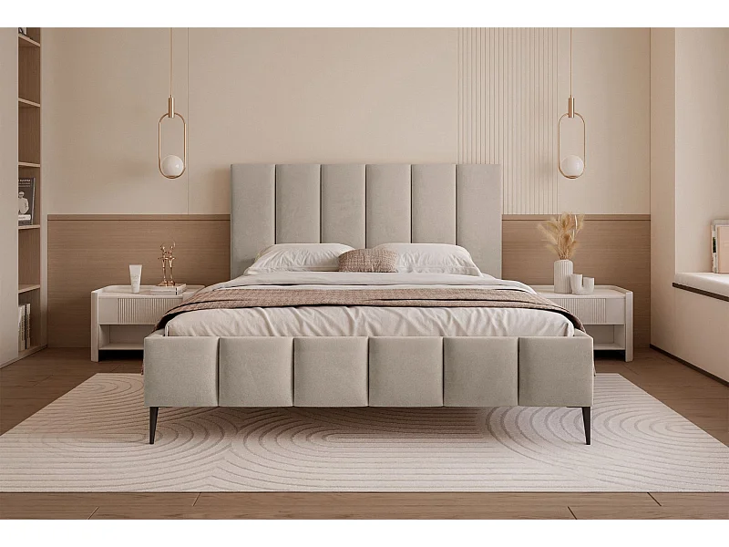 Lit coffre avec pieds - 140x200 cm - en tissu velours gris beige - SARAFINO