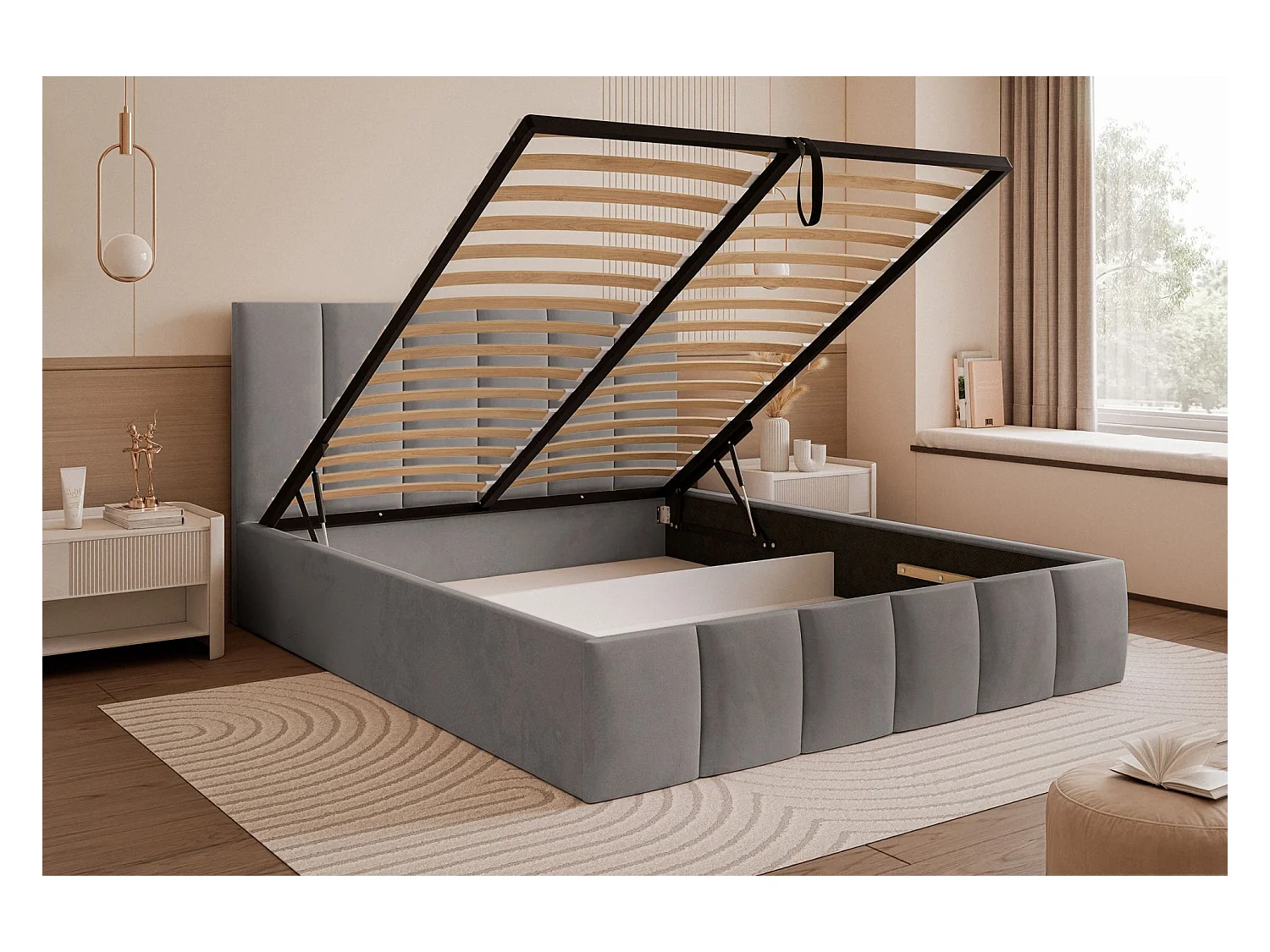 Lit coffre - 140x200 cm - en tissu velours gris clair - SARAFINO