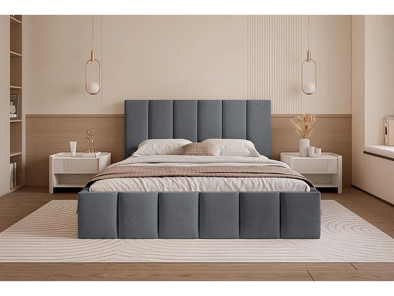 Lit coffre - 140x200 cm - en tissu velours gris foncé - SARAFINO