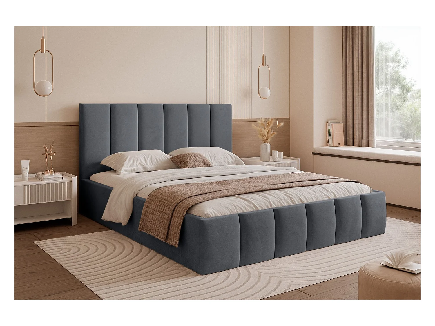 Opbergbed - 140x200 cm - in donkergrijze fluwelen stof - SARAFINO