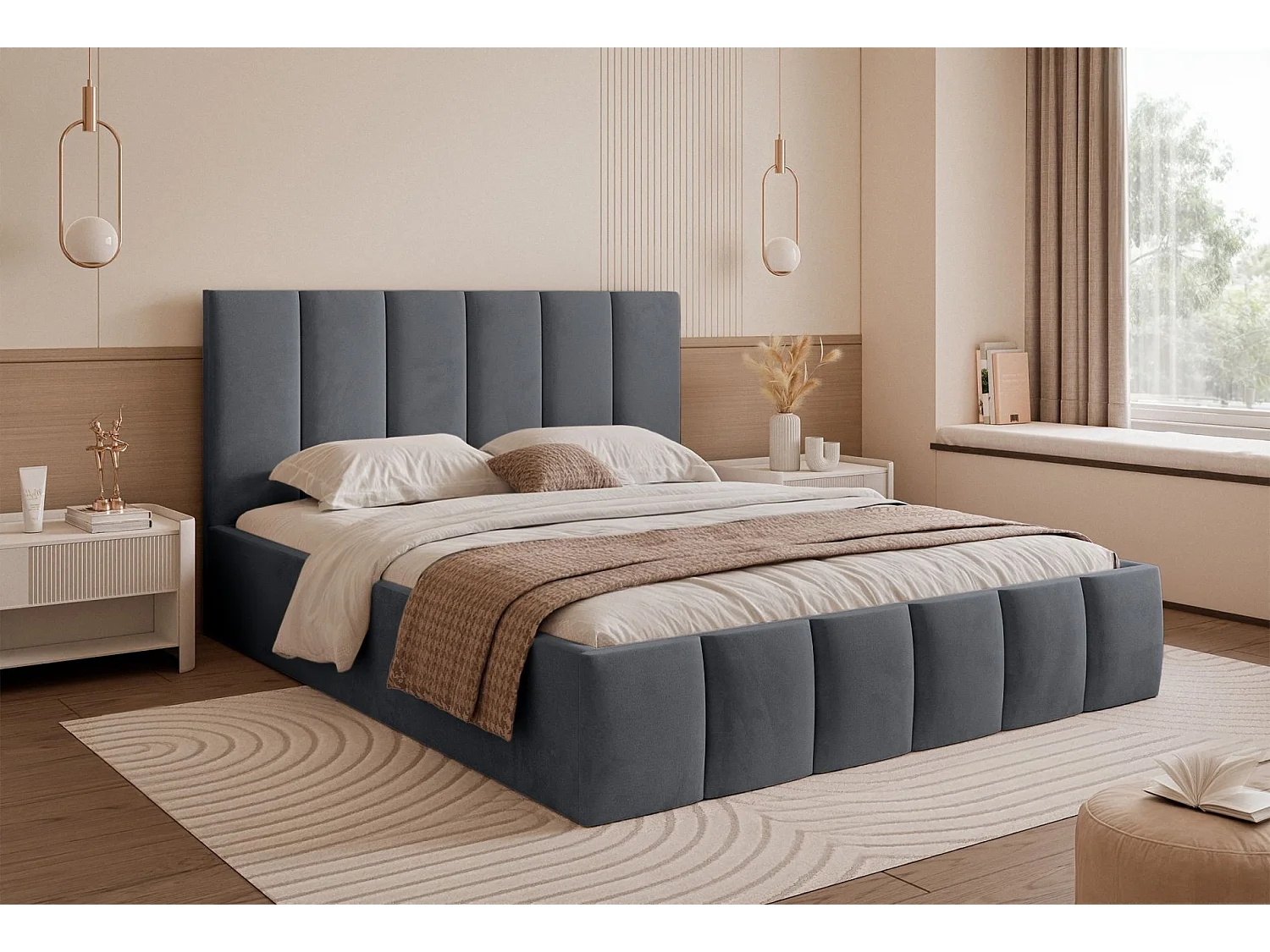 Lit coffre - 140x200 cm - en tissu velours gris foncé - SARAFINO