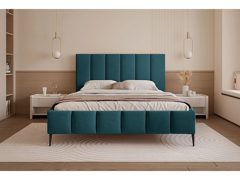 Lit coffre avec pieds - 140x200 cm - en tissu velours turquoise - SARAFINO
