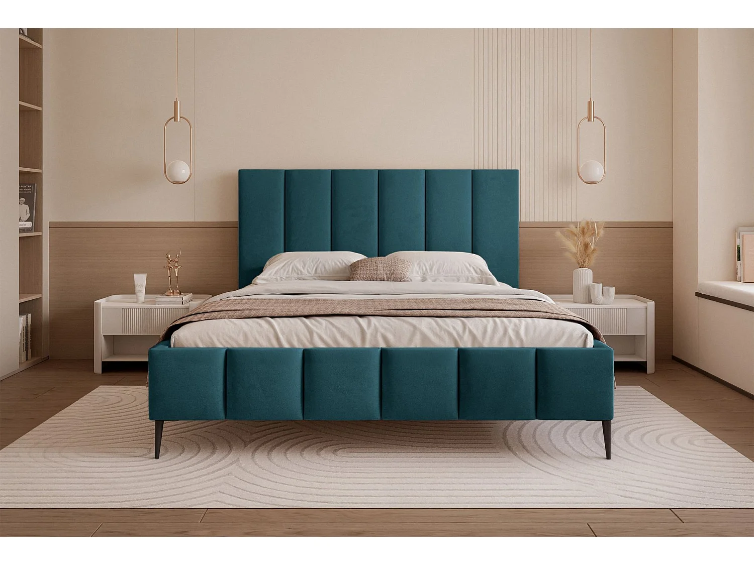 Lit coffre avec pieds - 140x200 cm - en tissu velours turquoise - SARAFINO