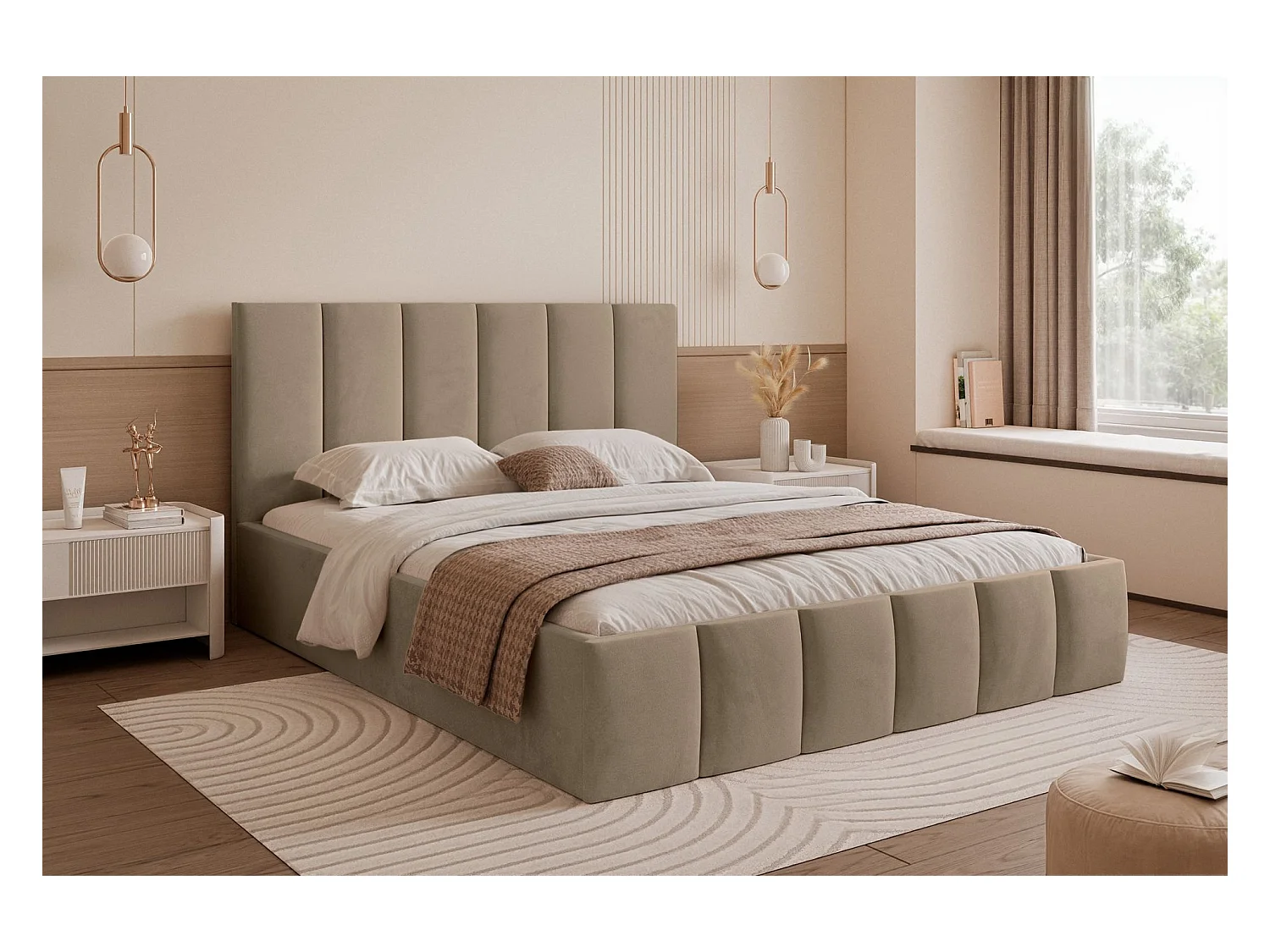 Lit coffre - 140x200 cm - en tissu velours beige foncé - SARAFINO