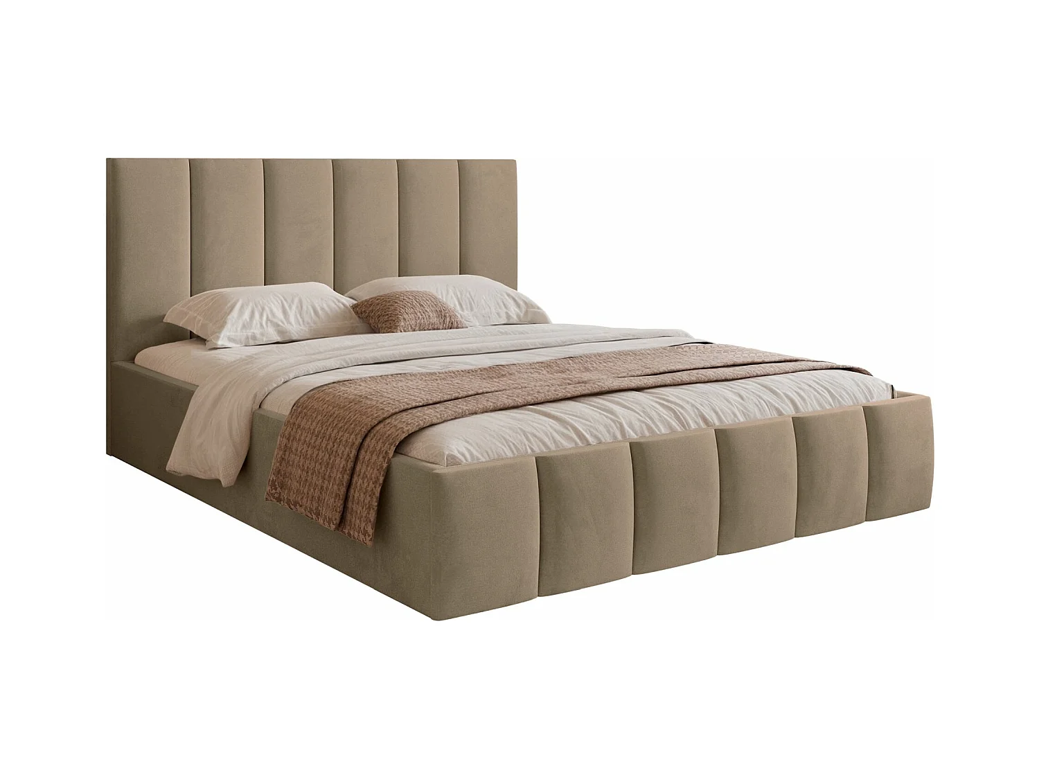 Lit coffre - 140x200 cm - en tissu velours beige foncé - SARAFINO