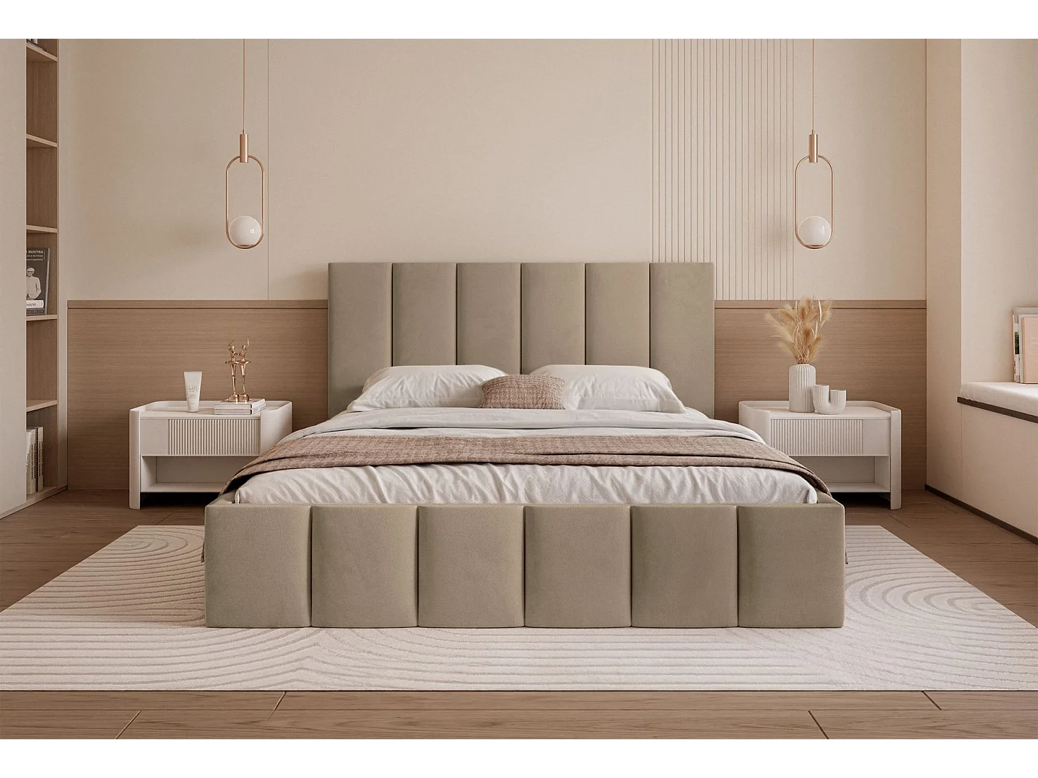 Opbergbed - 140x200 cm - in donkerbeige fluwelen stof - SARAFINO