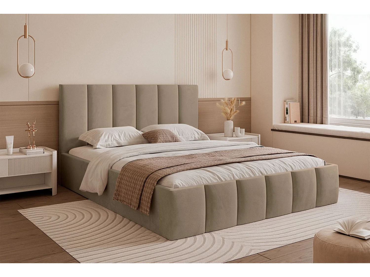 Opbergbed - 140x200 cm - in donkerbeige fluwelen stof - SARAFINO