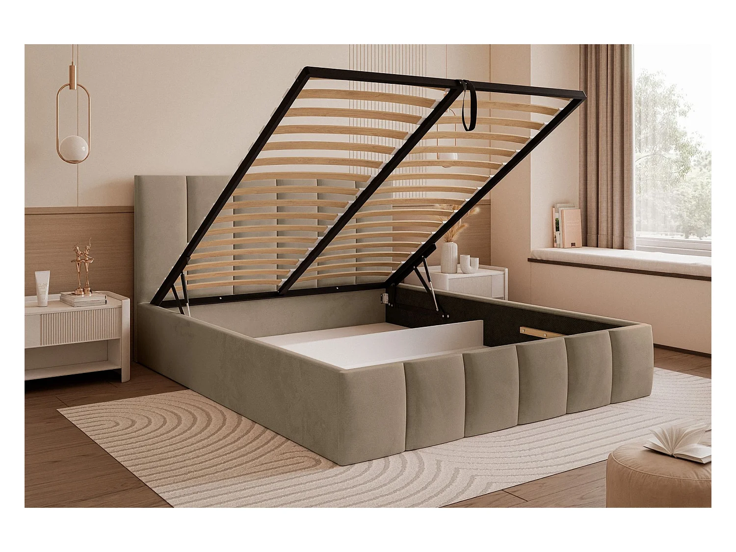 Lit coffre - 180x200 cm - en tissu velours beige foncé - SARAFINO