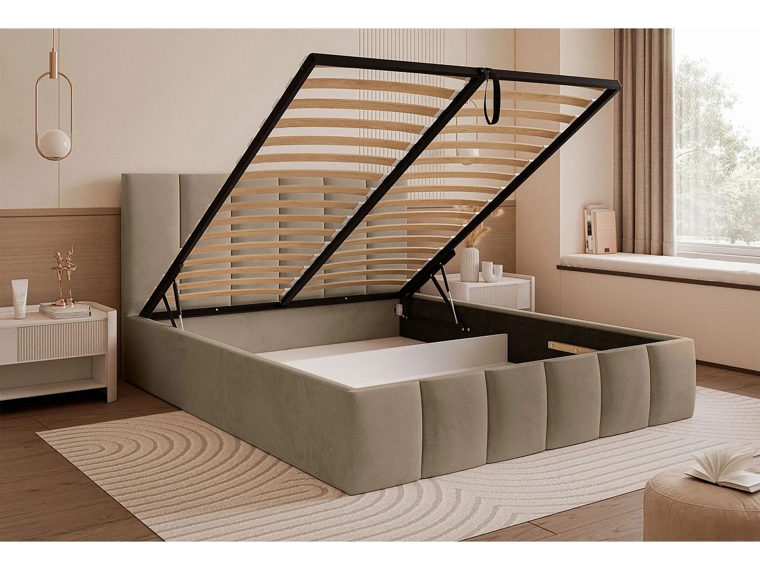 Lit coffre - 180x200 cm - en tissu velours beige foncé - SARAFINO