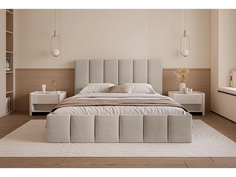 Lit coffre - 160x200 cm - en tissu velours gris beige - SARAFINO