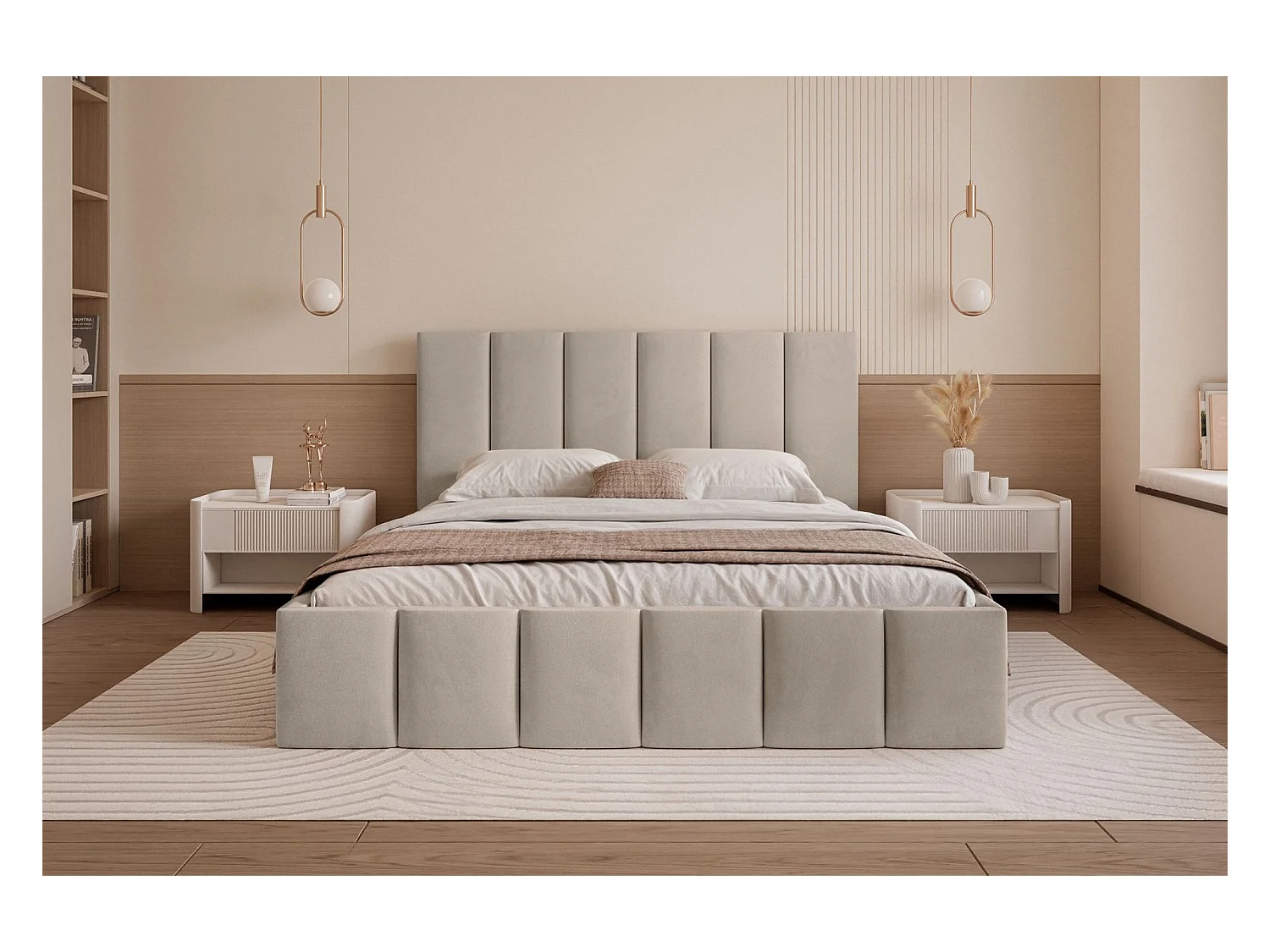 Lit coffre - 160x200 cm - en tissu velours gris beige - SARAFINO