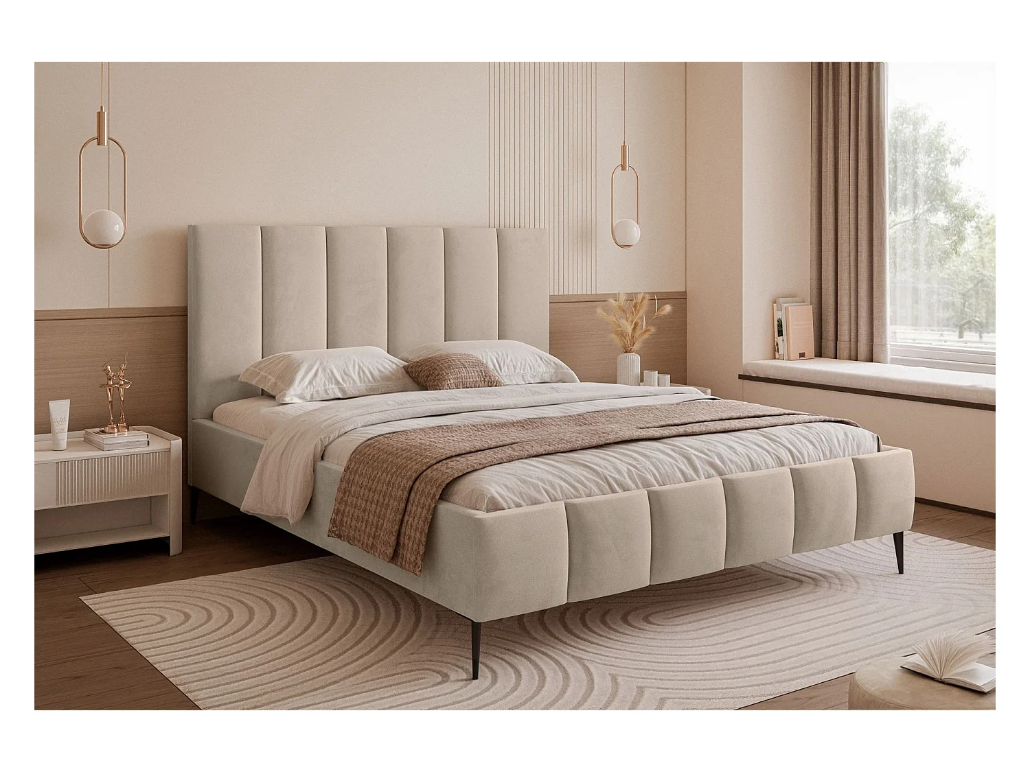 Lit coffre avec pieds - 160x200 cm - en tissu velours beige - SARAFINO