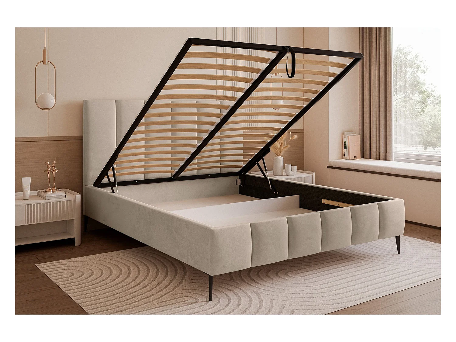 Lit coffre avec pieds - 160x200 cm - en tissu velours beige - SARAFINO