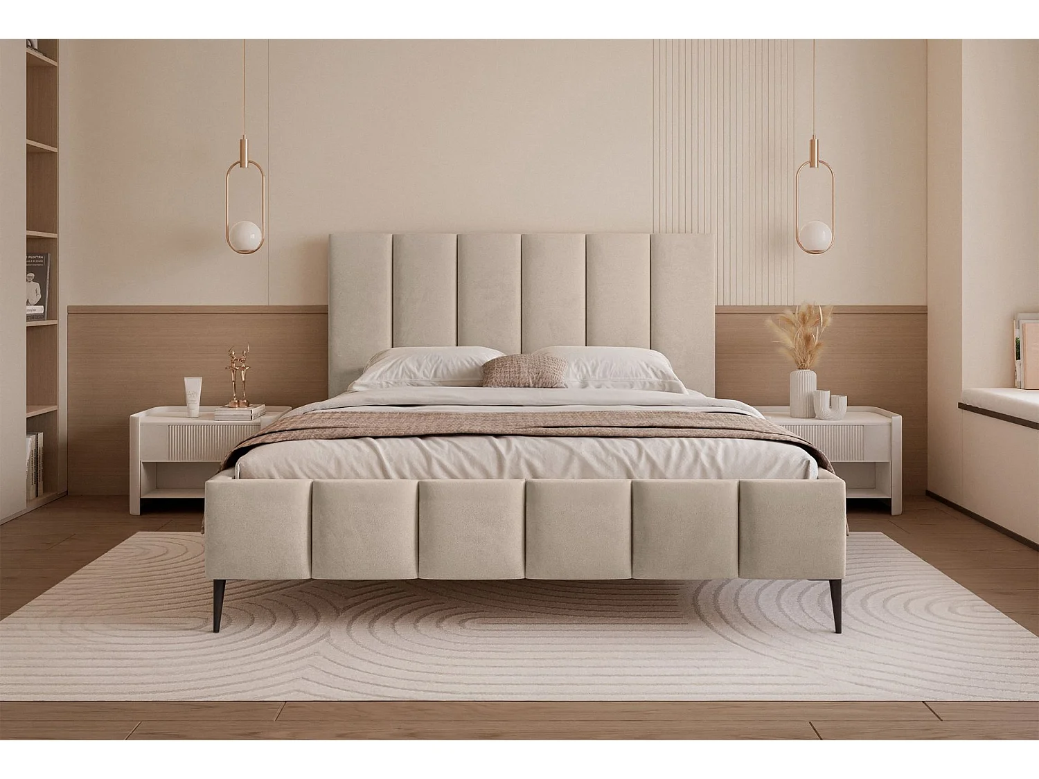 Opbergbed met poten - 160x200 cm - in beige fluwelen stof - SARAFINO
