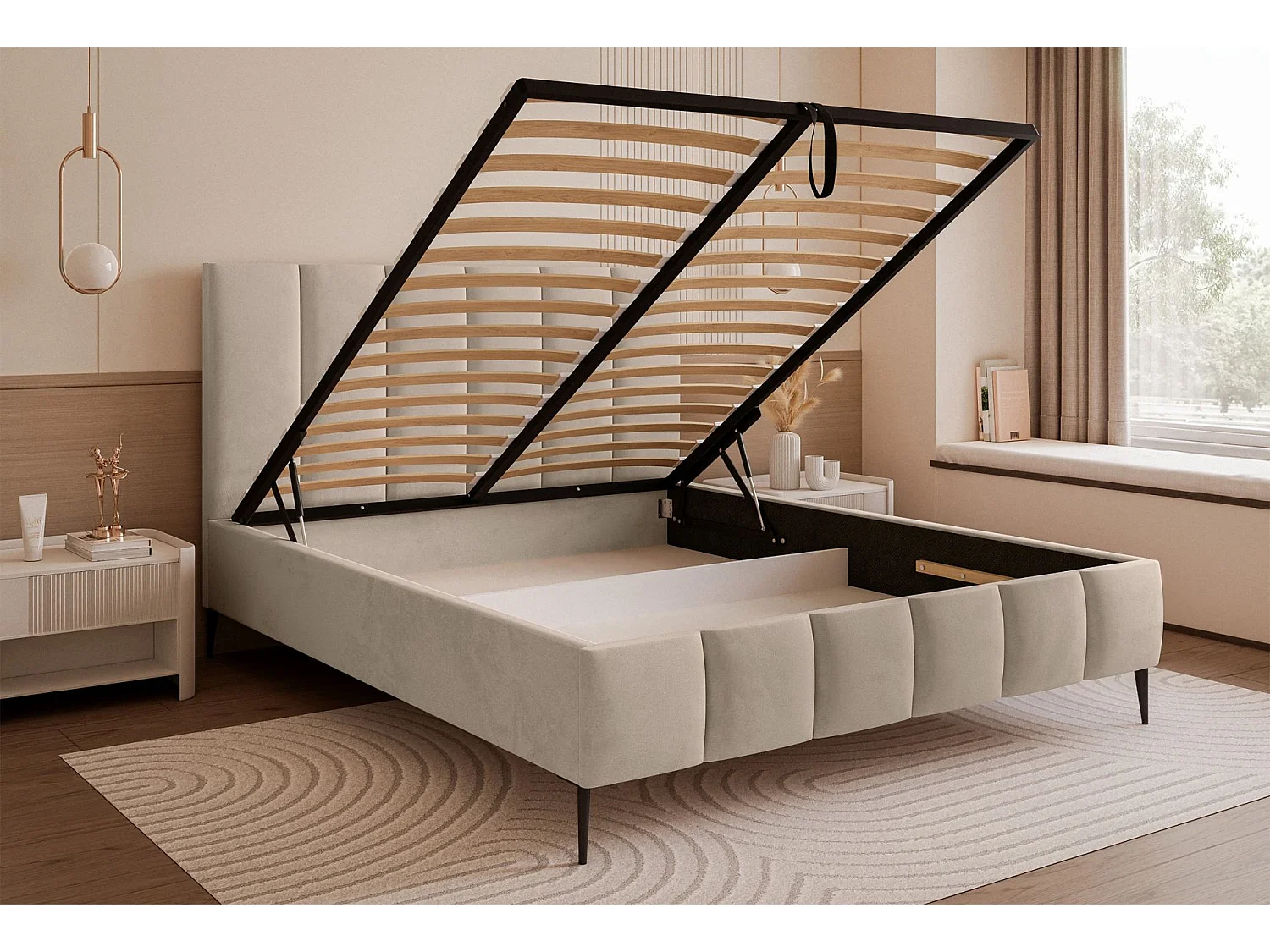 Opbergbed met poten - 160x200 cm - in beige fluwelen stof - SARAFINO