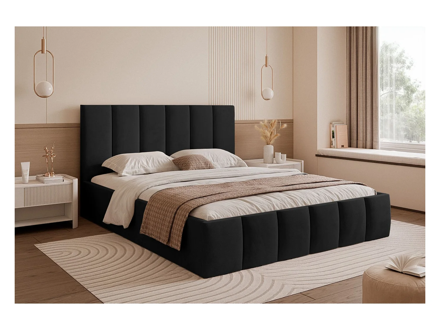 Lit coffre - 180x200 cm - en tissu velours schwarz - SARAFINO