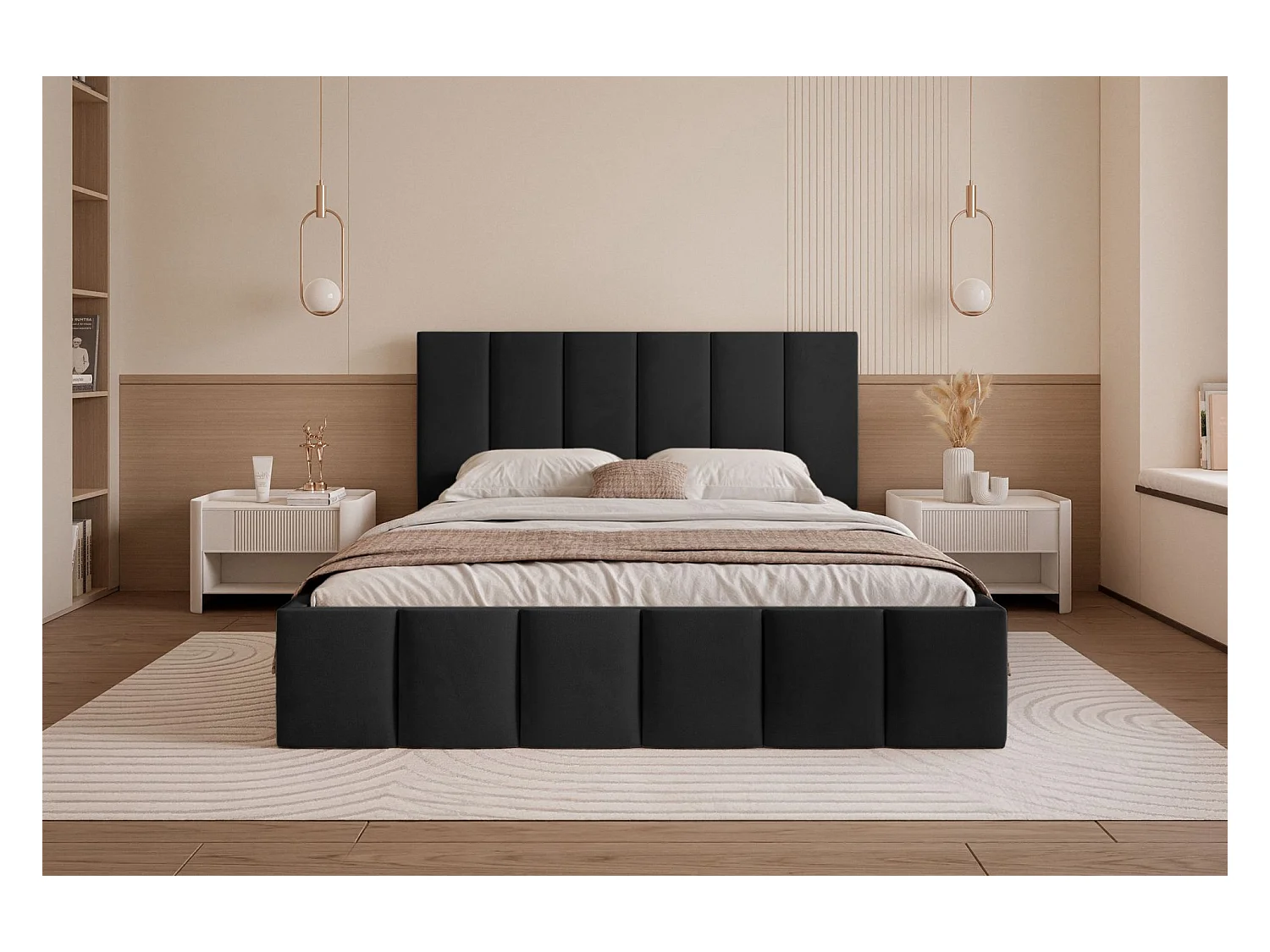 Lit coffre - 180x200 cm - en tissu velours schwarz - SARAFINO