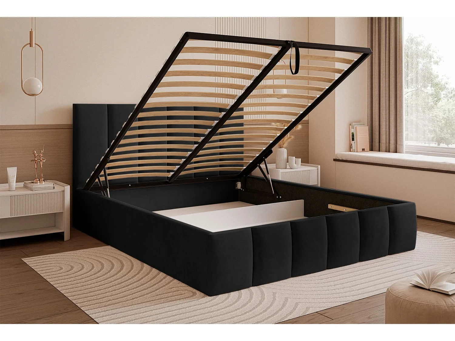 Lit coffre - 180x200 cm - en tissu velours schwarz - SARAFINO