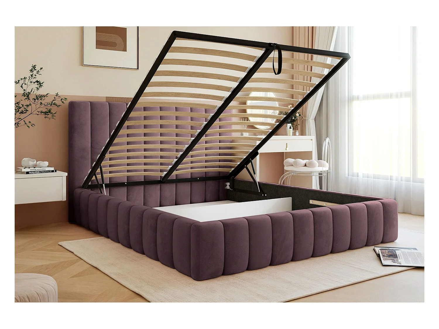 Lit coffre - 180x200 cm - en tissu velours violet - FIARRO