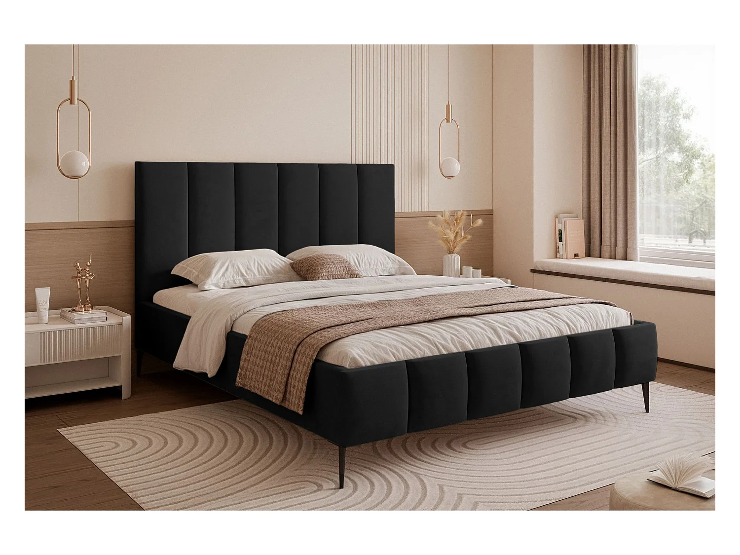 Lit coffre avec pieds - 140x200 cm - en tissu velours schwarz - SARAFINO