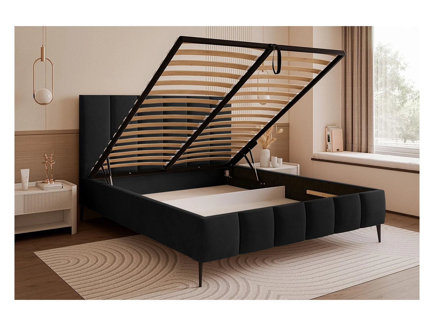 Lit coffre avec pieds - 140x200 cm - en tissu velours schwarz - SARAFINO